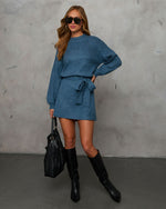 Slate Blue % Caitlin Long Sleeve Tie Waist Sweater Dress-1