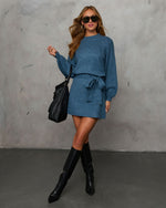 Slate Blue % Caitlin Long Sleeve Tie Waist Sweater Dress-5