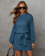 Slate Blue % Caitlin Long Sleeve Tie Waist Sweater Dress-2