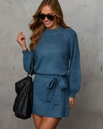 Slate Blue % Caitlin Long Sleeve Tie Waist Sweater Dress-6