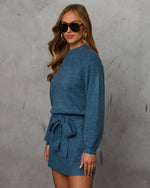 Slate Blue % Caitlin Long Sleeve Tie Waist Sweater Dress-3