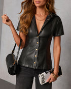 Black % Olenna Leather Button Down Top-5