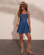 Liria Denim Fit and Flare Halter Neck Mini Dress