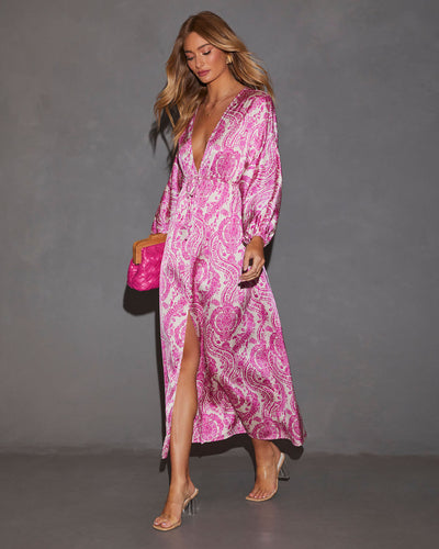 Korina Satin Printed Kimono Empire Waist Maxi Dress VICI Korina Satin Printed Kimono Empire Waist Maxi Dress VICI