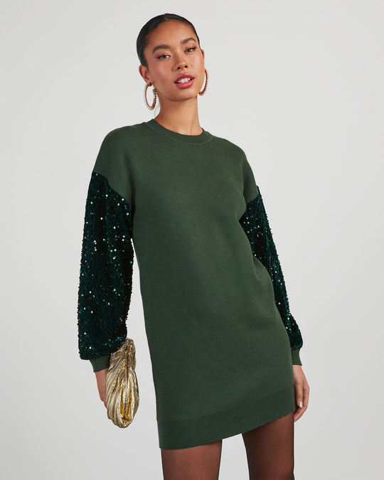 Yumi Contrast Sequin Knit Mini Sweater Dress