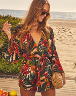 Golden Tropical % Palm Canyon Satin Tie Waist Romper-3