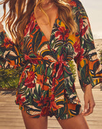 Golden Tropical % Palm Canyon Satin Tie Waist Romper-1