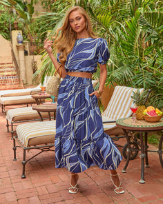 Luxe Lagoon Abstract Puff Sleeve Crop Top