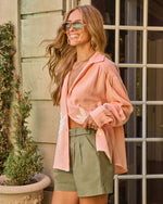 Canyon Days Cotton Embroidered Palm Print Button Down Top