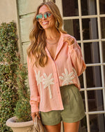 Canyon Days Cotton Embroidered Palm Print Button Down Top