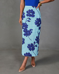 Checked Romance Floral Gingham Print Midi Skirt