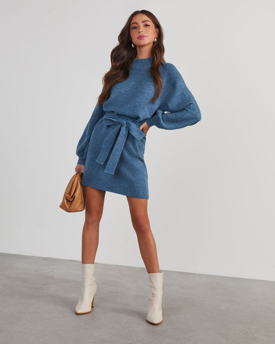 Slate Blue % Caitlin Long Sleeve Tie Waist Sweater Dress-2