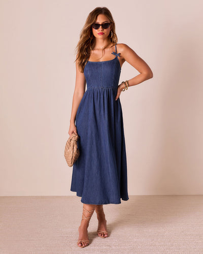 Tide To Me Bow Strap Midi Chambray Dress in Denim - Size Large, Cotton, VICI Tide To Me Bow Strap Midi Chambray Dress in Denim - Size Large, Cotton, VICI