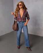 Burgundy Plaid % English Ivy Plaid Button Down Top-2