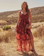 Burgundy Floral % Reina Tiered Mesh Floral Maxi Dress-1
