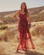 Burgundy Floral % Reina Tiered Mesh Floral Maxi Dress-5
