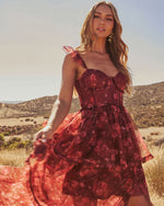 Burgundy Floral % Reina Tiered Mesh Floral Maxi Dress-2