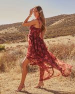 Burgundy Floral % Reina Tiered Mesh Floral Maxi Dress-4