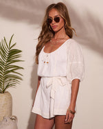 Boarding Style Cotton Eyelet Waist Tie Romper