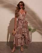 Brown/Cream % Daylight Drift Geo Print Waist Tie Midi Dress-1