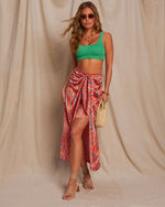 Multi % Imogen Satin Printed Tie Front Midi Skirt-1