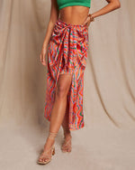 Multi % Imogen Satin Printed Tie Front Midi Skirt-2