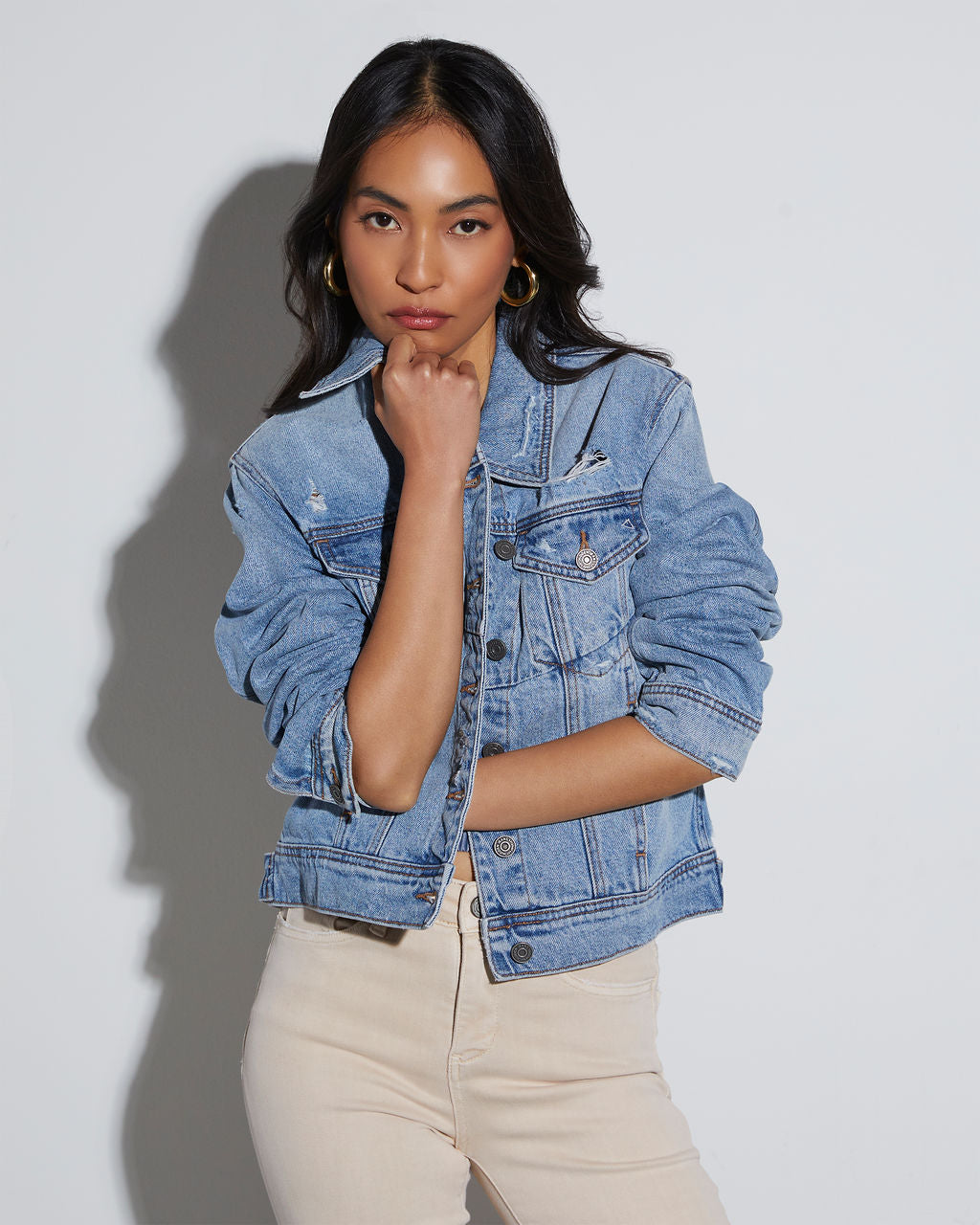 Light blue distressed jean jacket hotsell