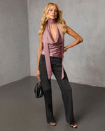 Late Text Satin Neck Scarf Top