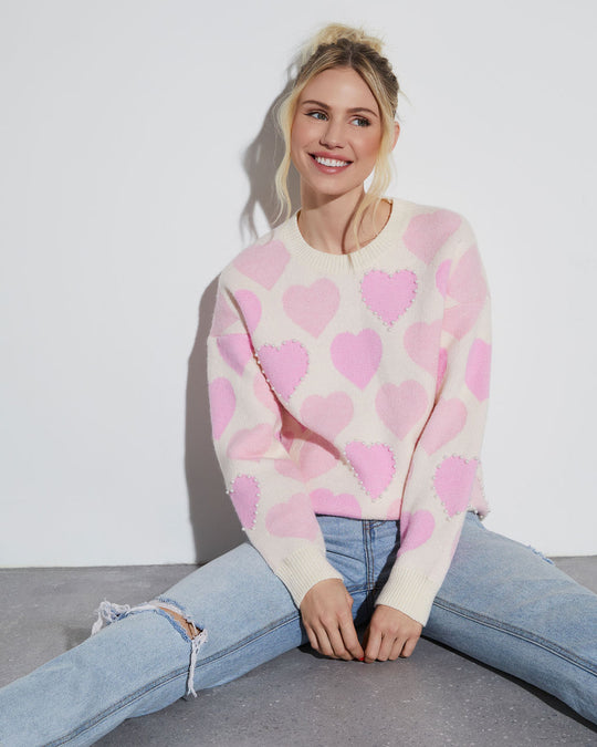 Pink/White % Love Letter Oversized Heart Pearl Sweater-1