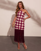 Caliste Knit Checkered Fringe Halter Neck Mini Dress