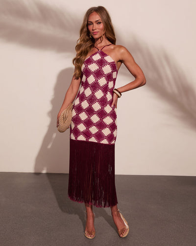 Caliste Knit Checkered Fringe Halter Neck Mini Dress in Maroon