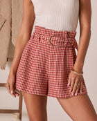Red Check % For The Record Houndstooth Belted Shorts-1