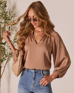 Mocha % Teylor Split Ruffle Neckline Top-6