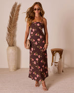 Brown Floral % Picking Petals Satin Floral Maxi Dress-1