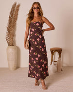 Brown Floral % Picking Petals Satin Floral Maxi Dress-5
