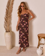 Brown Floral % Picking Petals Satin Floral Maxi Dress-6