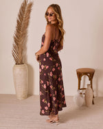 Brown Floral % Picking Petals Satin Floral Maxi Dress-4