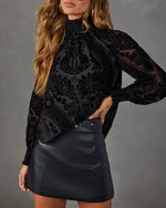 Rhyland Abstract Velvet Mock Neck Blouse
