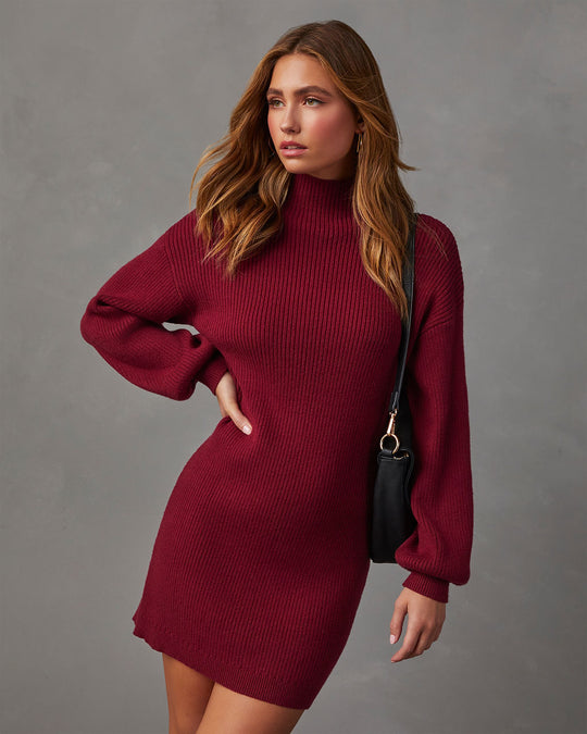 Burgundy % Anastasia Mock Neck Knit Sweater Dress-5