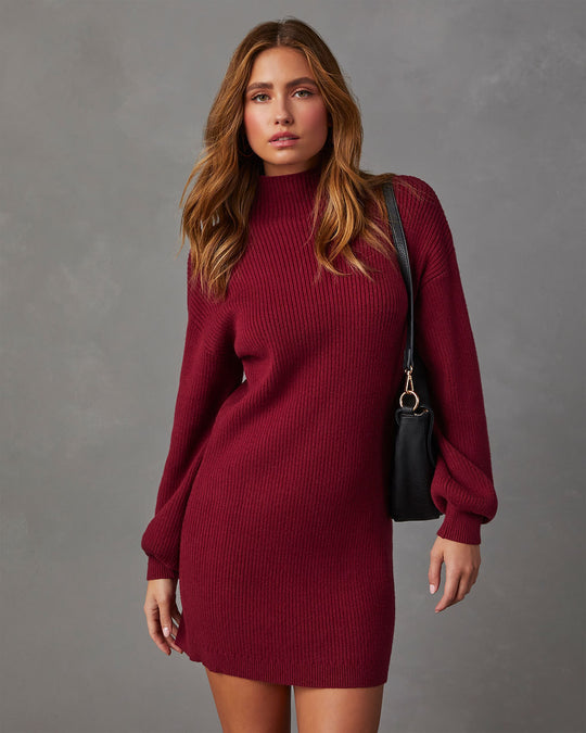 Burgundy % Anastasia Mock Neck Knit Sweater Dress-4