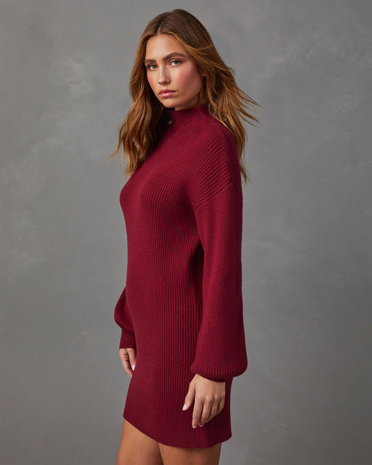Burgundy % Anastasia Mock Neck Knit Sweater Dress-2