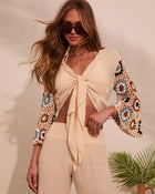 Natural Multi % Josia Tie Front Crochet Sleeve Crop Top-1