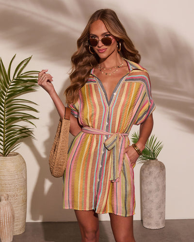 Sunshade Waist Tie Mini Shirt Dress in Yellow