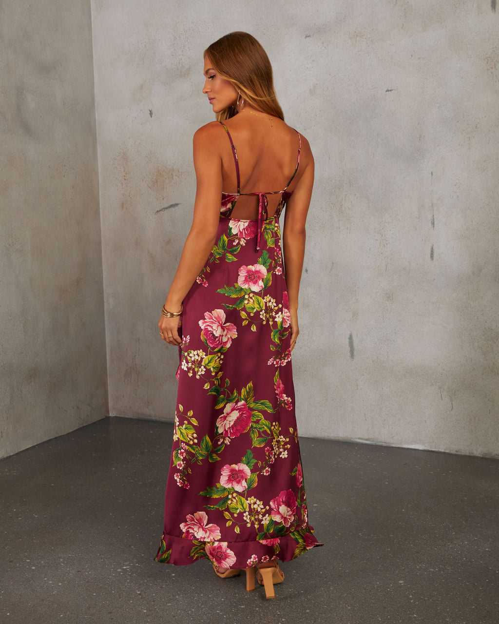 Capriccio Satin Floral Ruffle Maxi Dress VICI