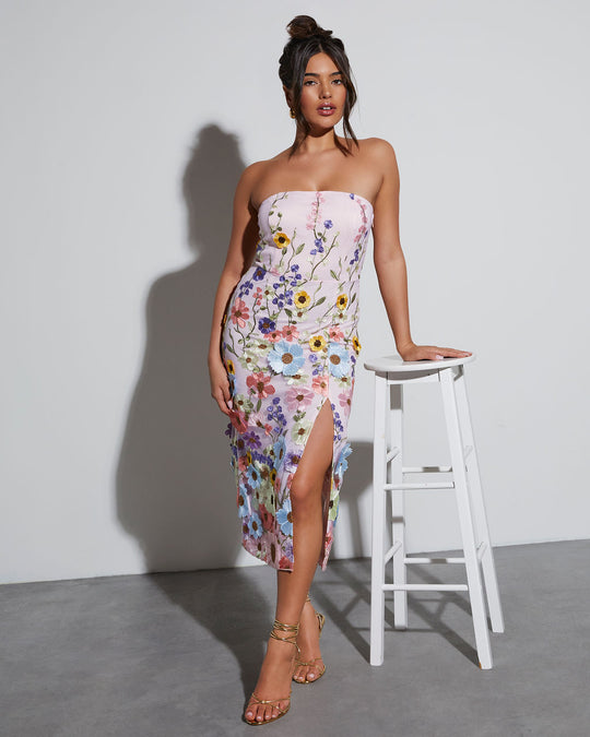 Cassie Strapless Floral Embroidered Midi Dress