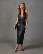 Private Study Halter Neck Vegan Leather Midi Dress
