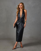 Private Study Halter Neck Vegan Leather Midi Dress