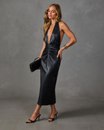 Private Study Halter Neck Vegan Leather Midi Dress
