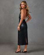 Private Study Halter Neck Vegan Leather Midi Dress