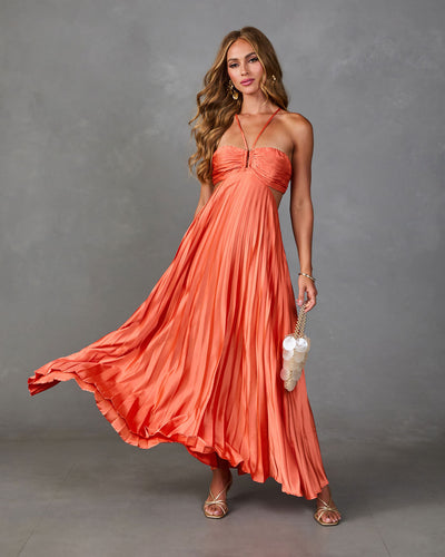 light orange maxi dress Blissful Glow The bias cut and slim fit enhance your figure Endless Light Pleated Satin Maxi